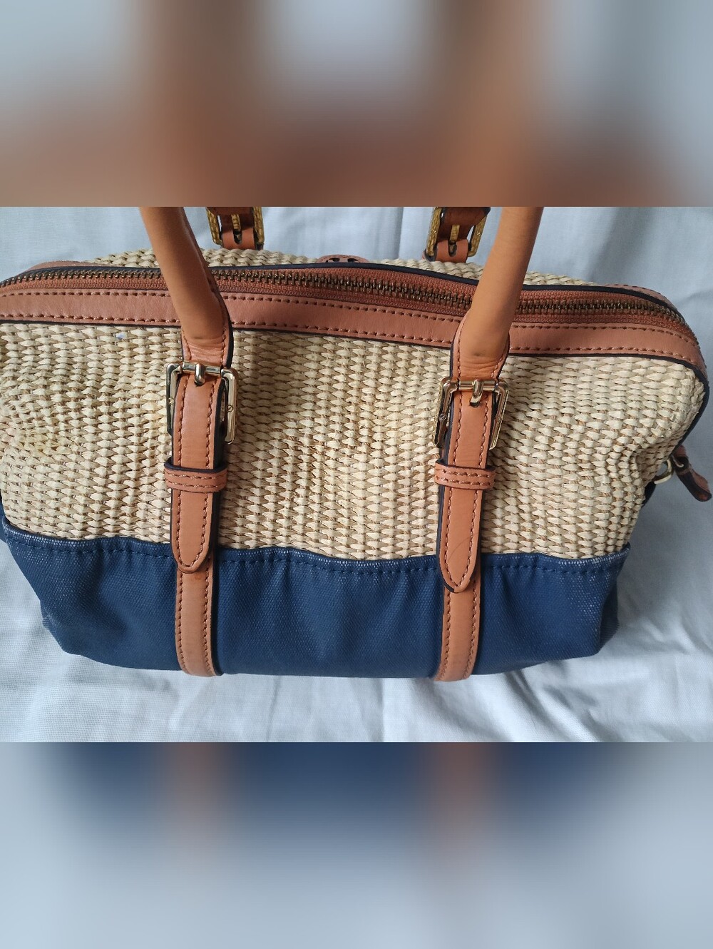 Tory Burch Navy Canvas & Natural Raffia Satchel - Picture 6 of 16
